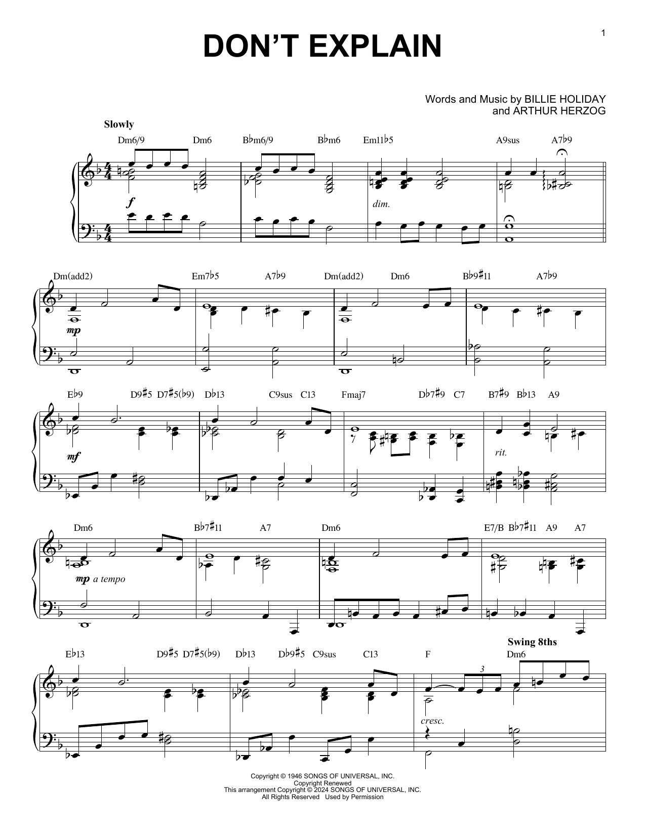 Billie Holiday Don't Explain (arr. Brent Edstrom) sheet music notes and chords arranged for Piano Solo