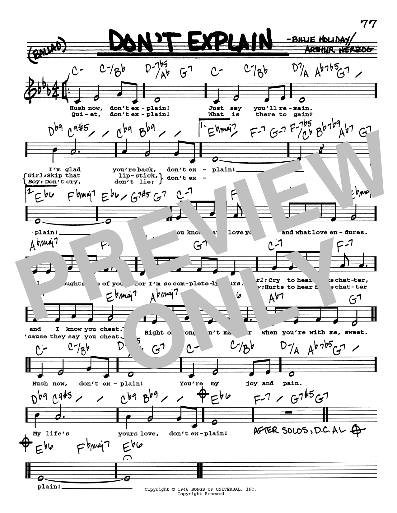 Billie Holiday Don't Explain (Low Voice) sheet music notes and chords arranged for Real Book – Melody, Lyrics & Chords