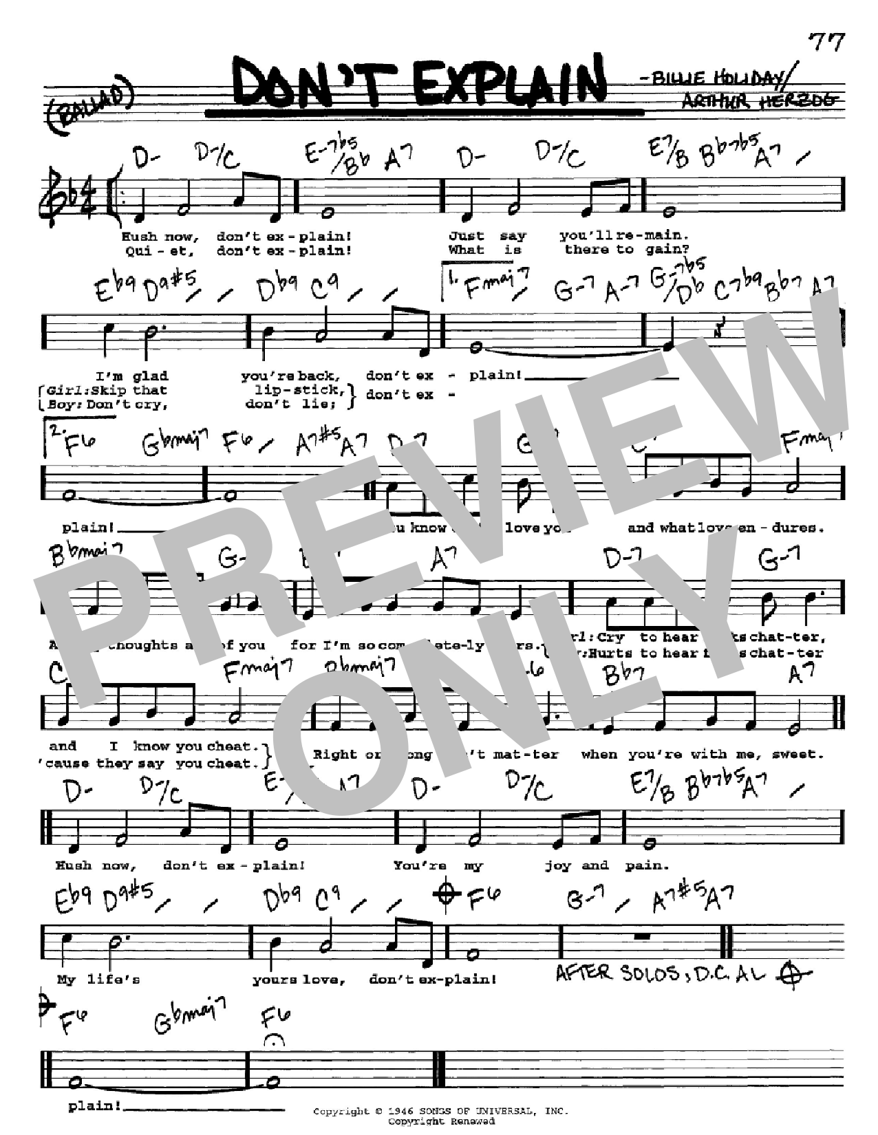 Billie Holiday Don't Explain sheet music notes and chords arranged for Real Book – Melody, Lyrics & Chords