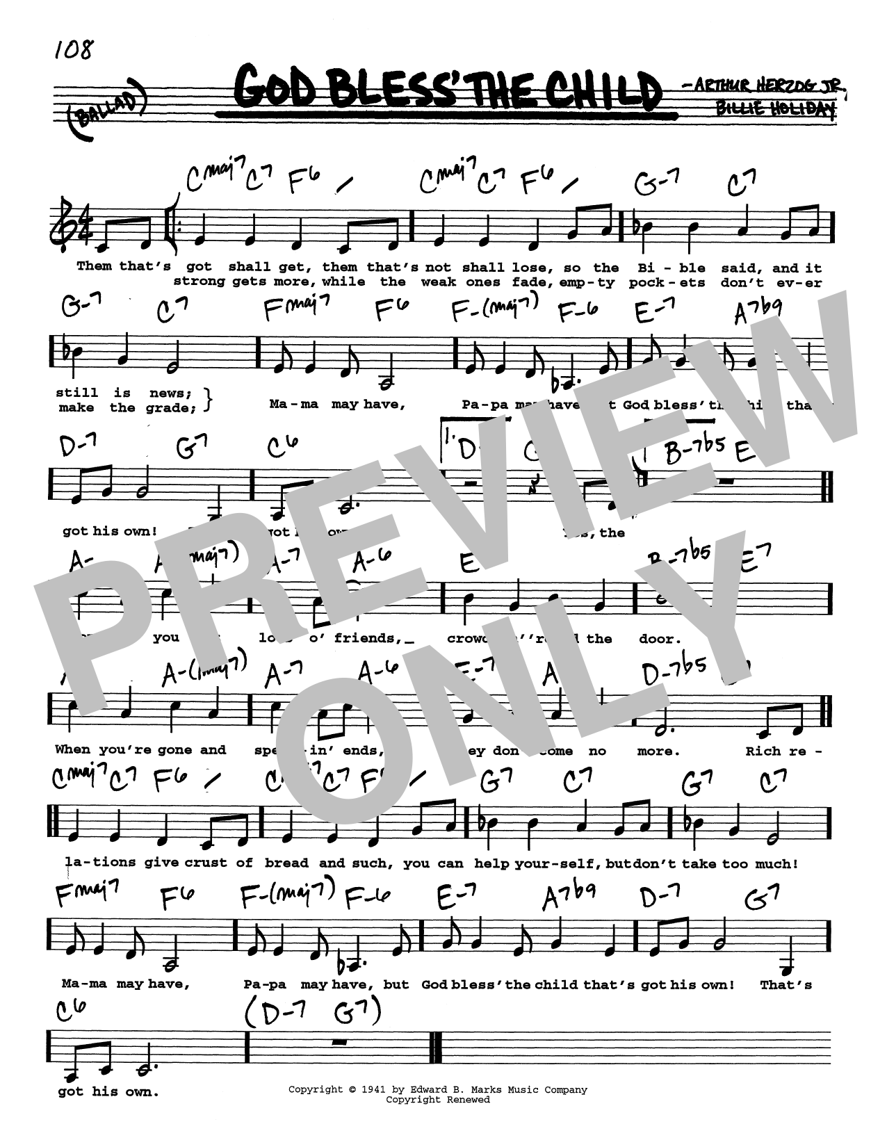 Billie Holiday God Bless' The Child (Low Voice) sheet music notes and chords. Download Printable PDF.