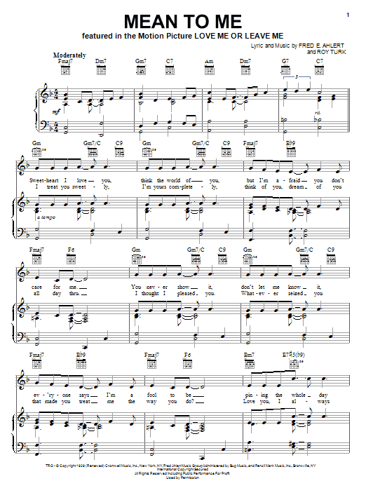 Learn to play Billie Holiday Mean To Me sheet music for Piano, Vocal & Guitar Chords (Right-Hand Melody) in minutes. Price: 7.8900$ Billie Holiday Mean To Me sheet music notes and chords arranged for Piano, Vocal & Guitar Chords (Right-Hand Melody)