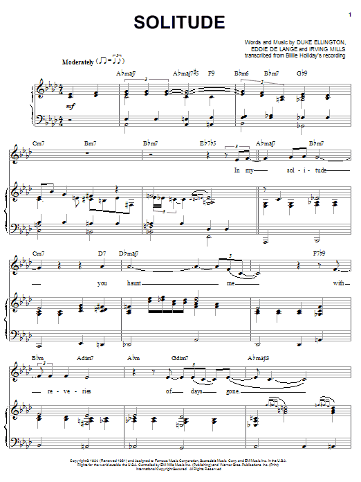 Billie Holiday Solitude sheet music notes and chords. Download Printable PDF.