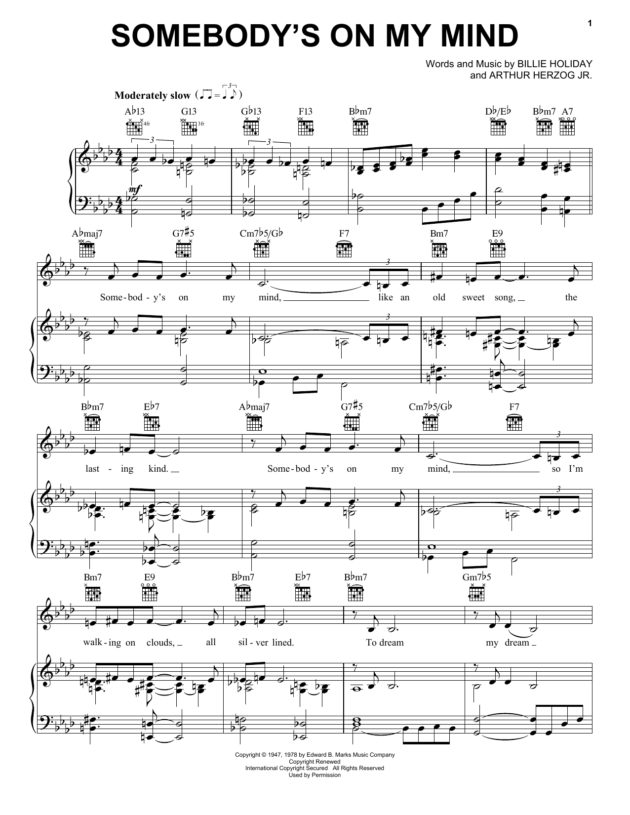 Learn to play Billie Holiday Somebody's On My Mind sheet music for Piano, Vocal & Guitar Chords (Right-Hand Melody) in minutes. Price: 7.8900$ Billie Holiday Somebody's On My Mind sheet music notes and chords arranged for Piano, Vocal & Guitar Chords (Right-Hand Melody)