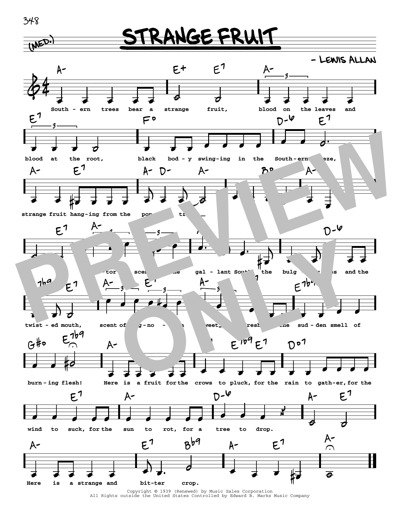 Billie Holiday Strange Fruit (Low Voice) sheet music notes and chords arranged for Real Book – Melody, Lyrics & Chords