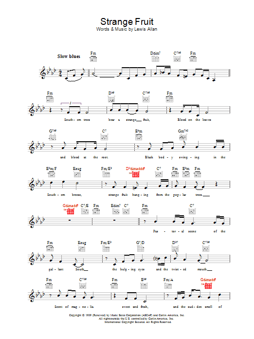 Billie Holiday Strange Fruit sheet music notes and chords arranged for Real Book – Melody & Chords