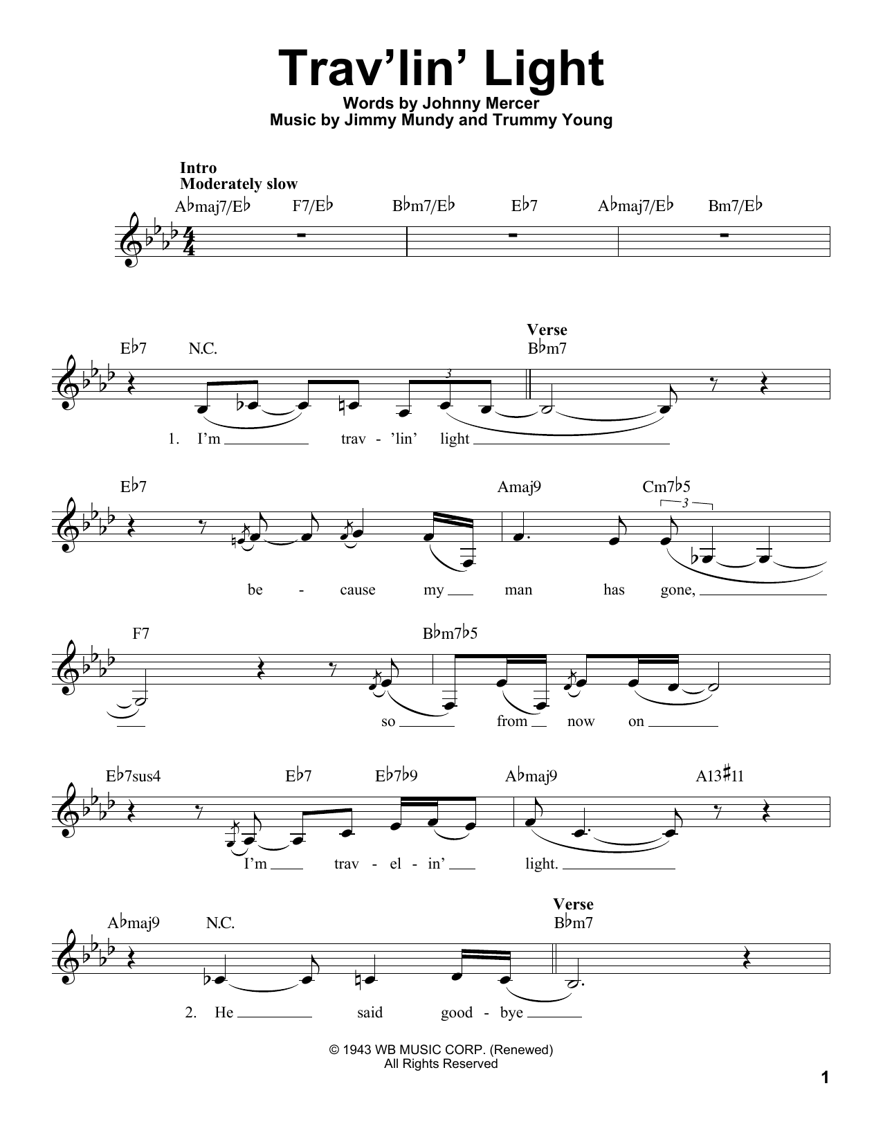 Billie Holiday Trav'lin' Light sheet music notes and chords. Download Printable PDF.