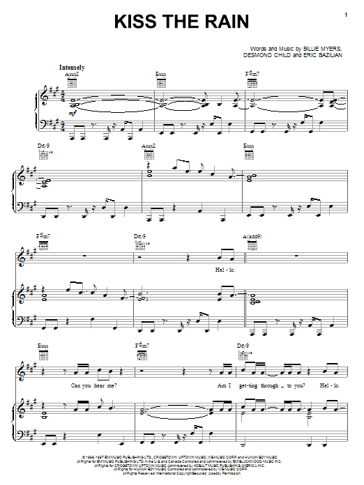 Learn to play Billie Myers Kiss The Rain sheet music for Piano, Vocal & Guitar Chords (Right-Hand Melody) in minutes. Price: 7.8900$ Billie Myers Kiss The Rain sheet music notes and chords arranged for Piano, Vocal & Guitar Chords (Right-Hand Melody)