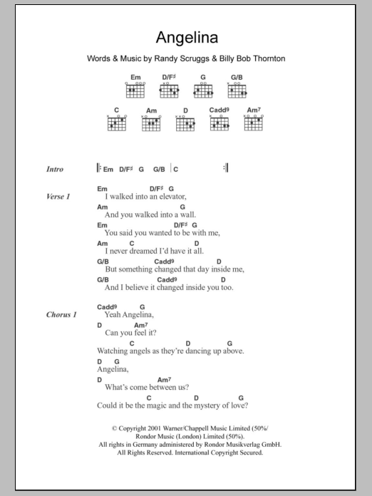 Billy Bob Thornton Angelina sheet music notes and chords. Download Printable PDF.