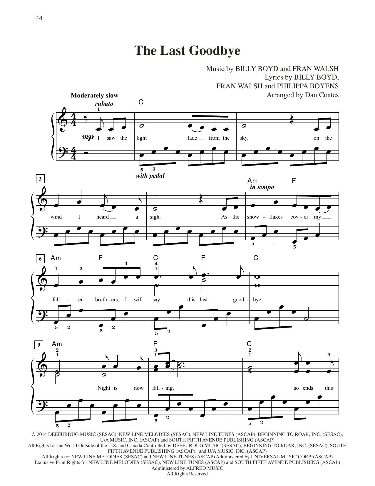 Billy Boyd The Last Goodbye (from The Hobbit: The Battle of the Five Armies) (arr. Dan Coates) sheet music notes and chords. Download Printable PDF.