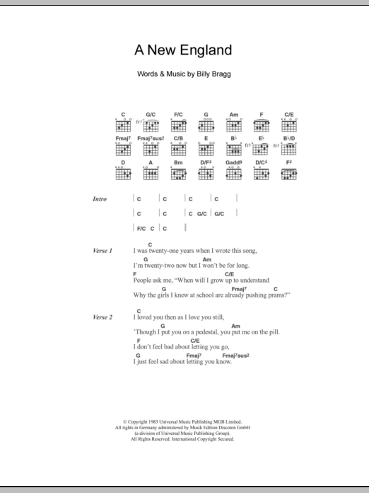 Billy Bragg A New England sheet music notes and chords arranged for Guitar Chords/Lyrics