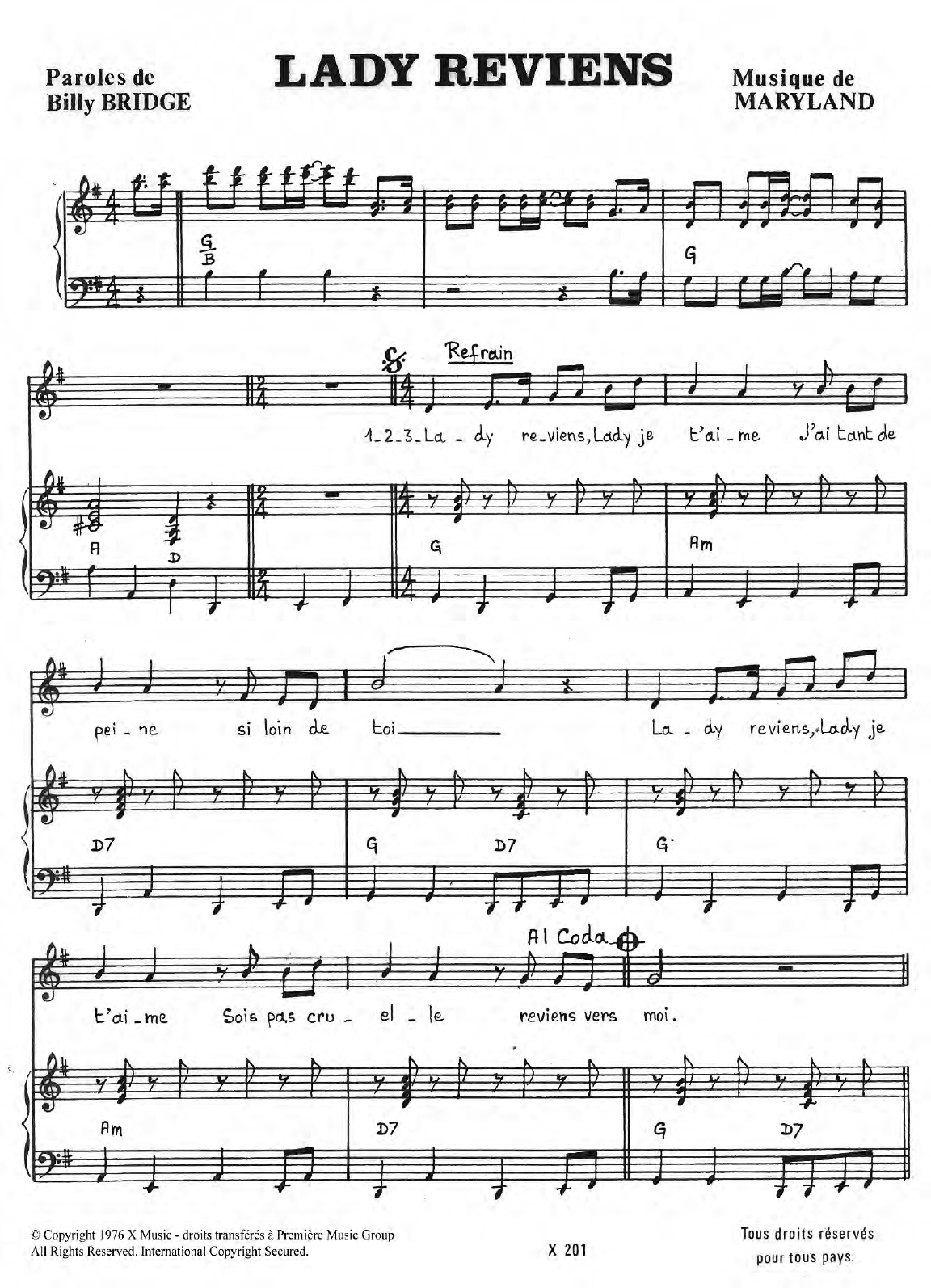 Learn to play Billy Bridge Lady Reviens sheet music for Piano & Vocal in minutes. Price: 7.8900$ Billy Bridge Lady Reviens sheet music notes and chords arranged for Piano & Vocal