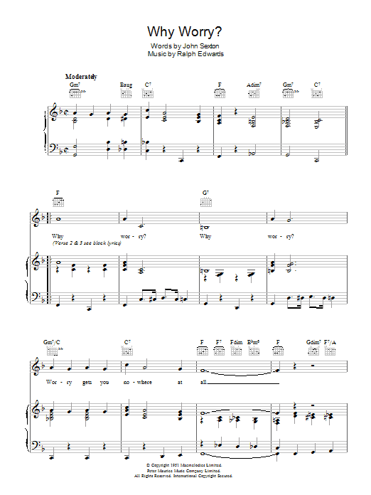 Learn to play Billy Cotton Why Worry sheet music for Piano, Vocal & Guitar Chords in minutes. Price: 7.8900$ Billy Cotton Why Worry sheet music notes and chords arranged for Piano, Vocal & Guitar Chords