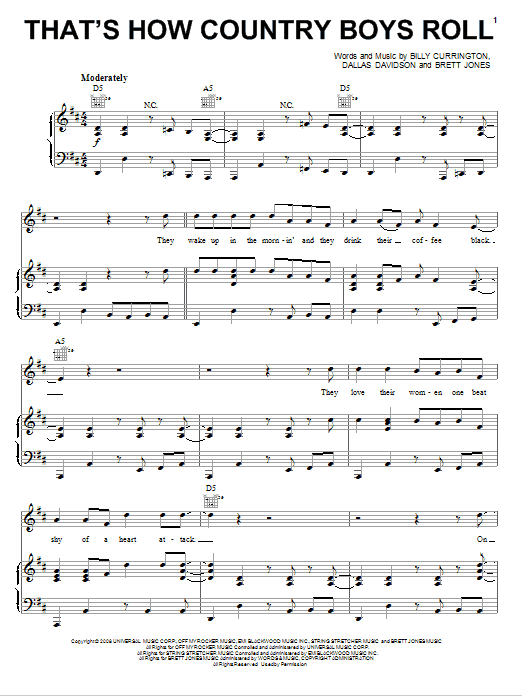 Learn to play Billy Currington That's How Country Boys Roll sheet music for Piano, Vocal & Guitar Chords (Right-Hand Melody) in minutes. Price: 7.8900$ Billy Currington That's How Country Boys Roll sheet music notes and chords arranged for Piano, Vocal & Guitar Chords (Right-Hand Melody)