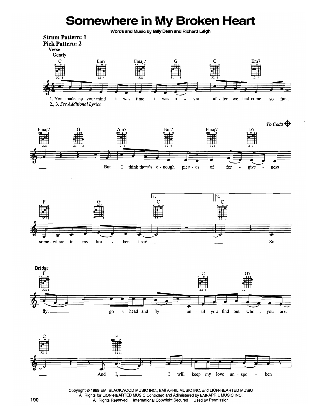 Billy Dean Somewhere In My Broken Heart sheet music notes and chords. Download Printable PDF.