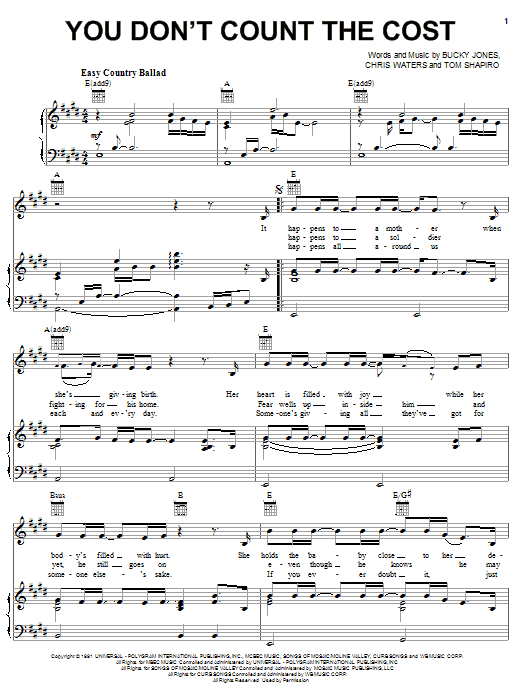 Learn to play Billy Dean You Don't Count The Cost sheet music for Piano, Vocal & Guitar Chords (Right-Hand Melody) in minutes. Price: 7.8900$ Billy Dean You Don't Count The Cost sheet music notes and chords arranged for Piano, Vocal & Guitar Chords (Right-Hand Melody)