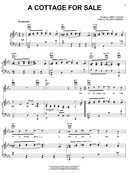 Learn to play Billy Eckstine A Cottage For Sale sheet music for Piano, Vocal & Guitar Chords (Right-Hand Melody) in minutes. Price: 7.8900$ Billy Eckstine A Cottage For Sale sheet music notes and chords arranged for Piano, Vocal & Guitar Chords (Right-Hand Melody)