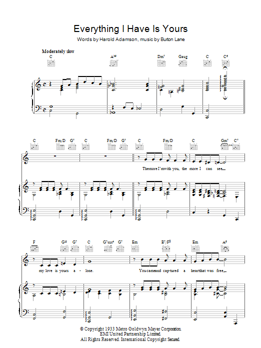 Billy Eckstine Everything I Have Is Yours sheet music notes and chords arranged for Piano, Vocal & Guitar Chords