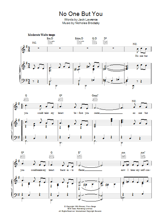 Learn to play Billy Eckstine No One But You sheet music for Piano, Vocal & Guitar Chords in minutes. Price: 7.8900$ Billy Eckstine No One But You sheet music notes and chords arranged for Piano, Vocal & Guitar Chords