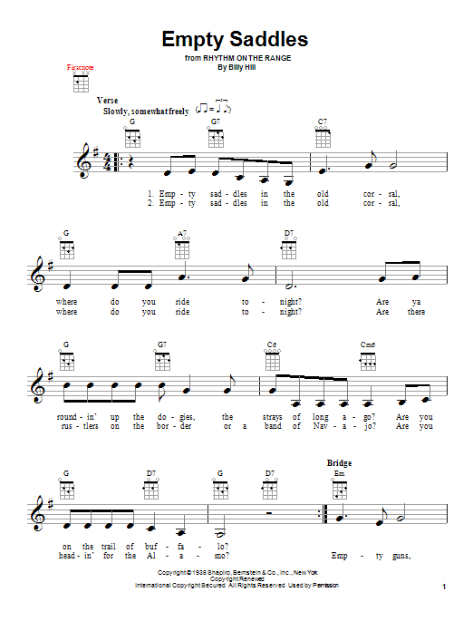 Learn to play Billy Hill Empty Saddles sheet music for Ukulele in minutes. Price: 5.9900$ Billy Hill Empty Saddles sheet music notes and chords arranged for Ukulele