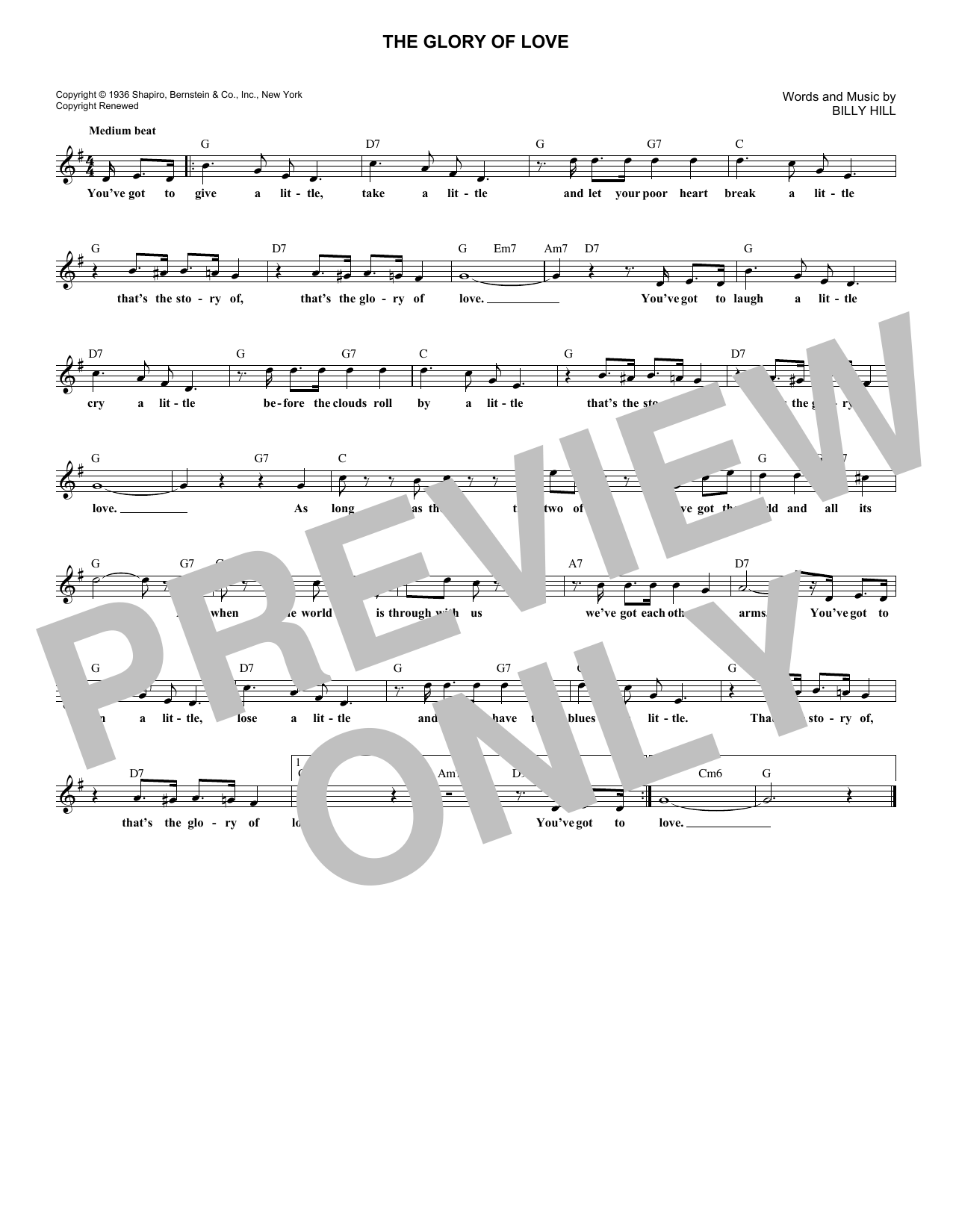 Billy Hill The Glory Of Love sheet music notes and chords. Download Printable PDF.