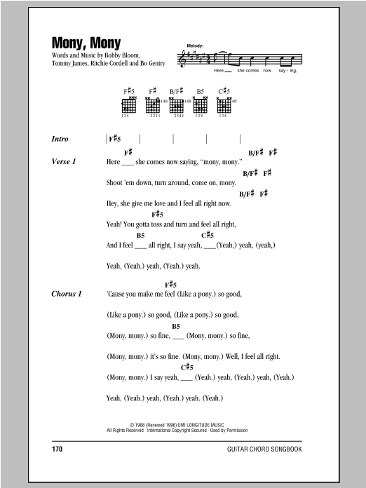 Billy Idol Mony, Mony sheet music notes and chords. Download Printable PDF.