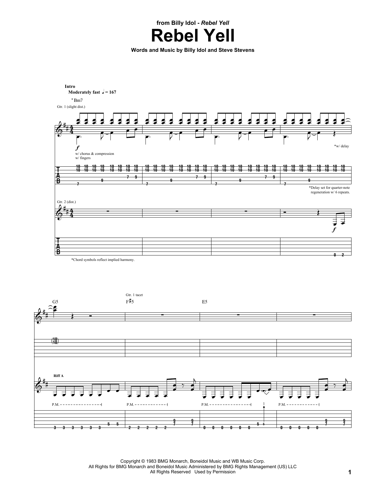 Billy Idol Rebel Yell sheet music notes and chords. Download Printable PDF.