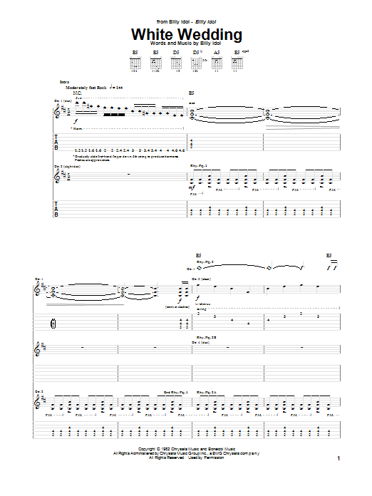 Billy Idol White Wedding sheet music notes and chords. Download Printable PDF.