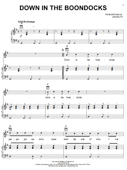 Learn to play Billy Joe Royal Down In The Boondocks sheet music for Piano, Vocal & Guitar Chords (Right-Hand Melody) in minutes. Price: 7.8900$ Billy Joe Royal Down In The Boondocks sheet music notes and chords arranged for Piano, Vocal & Guitar Chords (Right-Hand Melody)