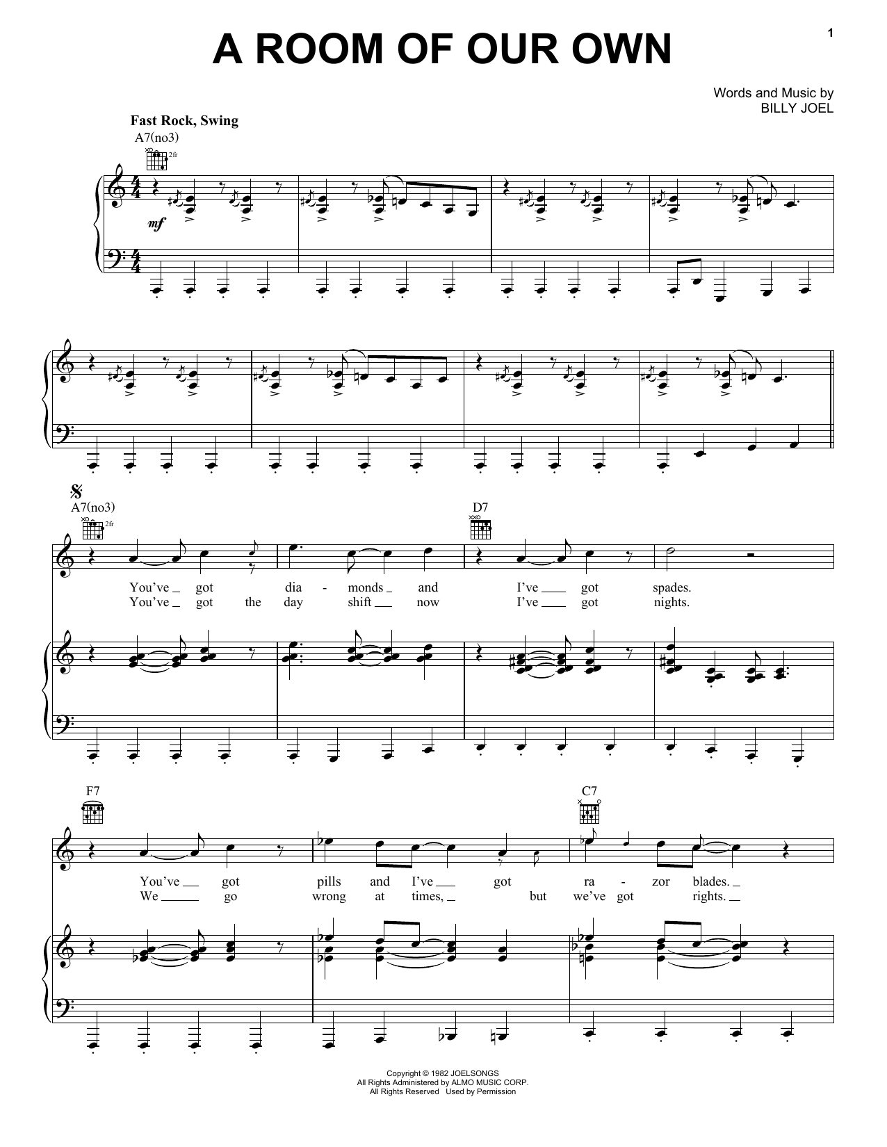 Learn to play Billy Joel A Room Of Our Own sheet music for Piano, Vocal & Guitar Chords (Right-Hand Melody) in minutes. Price: 7.8900$ Billy Joel A Room Of Our Own sheet music notes and chords arranged for Piano, Vocal & Guitar Chords (Right-Hand Melody)