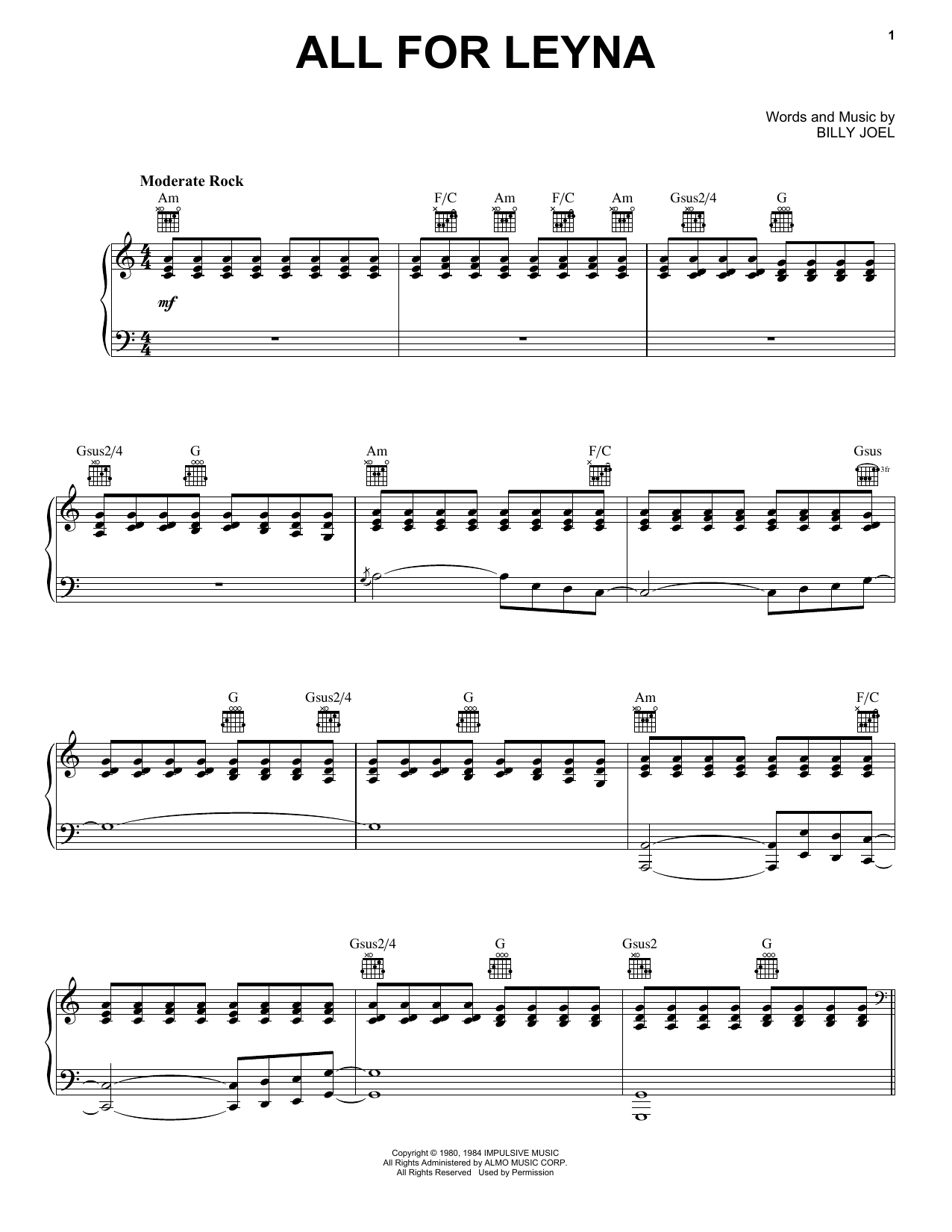 Learn to play Billy Joel All For Leyna sheet music for Piano, Vocal & Guitar Chords (Right-Hand Melody) in minutes. Price: 6.9900$ Billy Joel All For Leyna sheet music notes and chords arranged for Piano, Vocal & Guitar Chords (Right-Hand Melody)