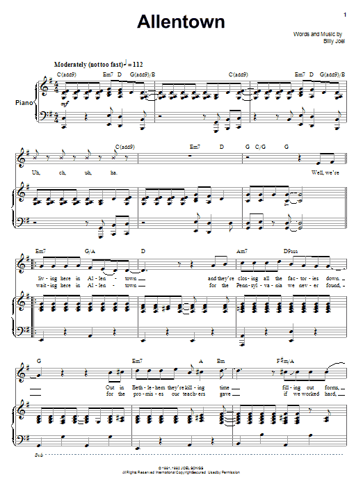 Billy Joel Allentown sheet music notes and chords. Download Printable PDF.