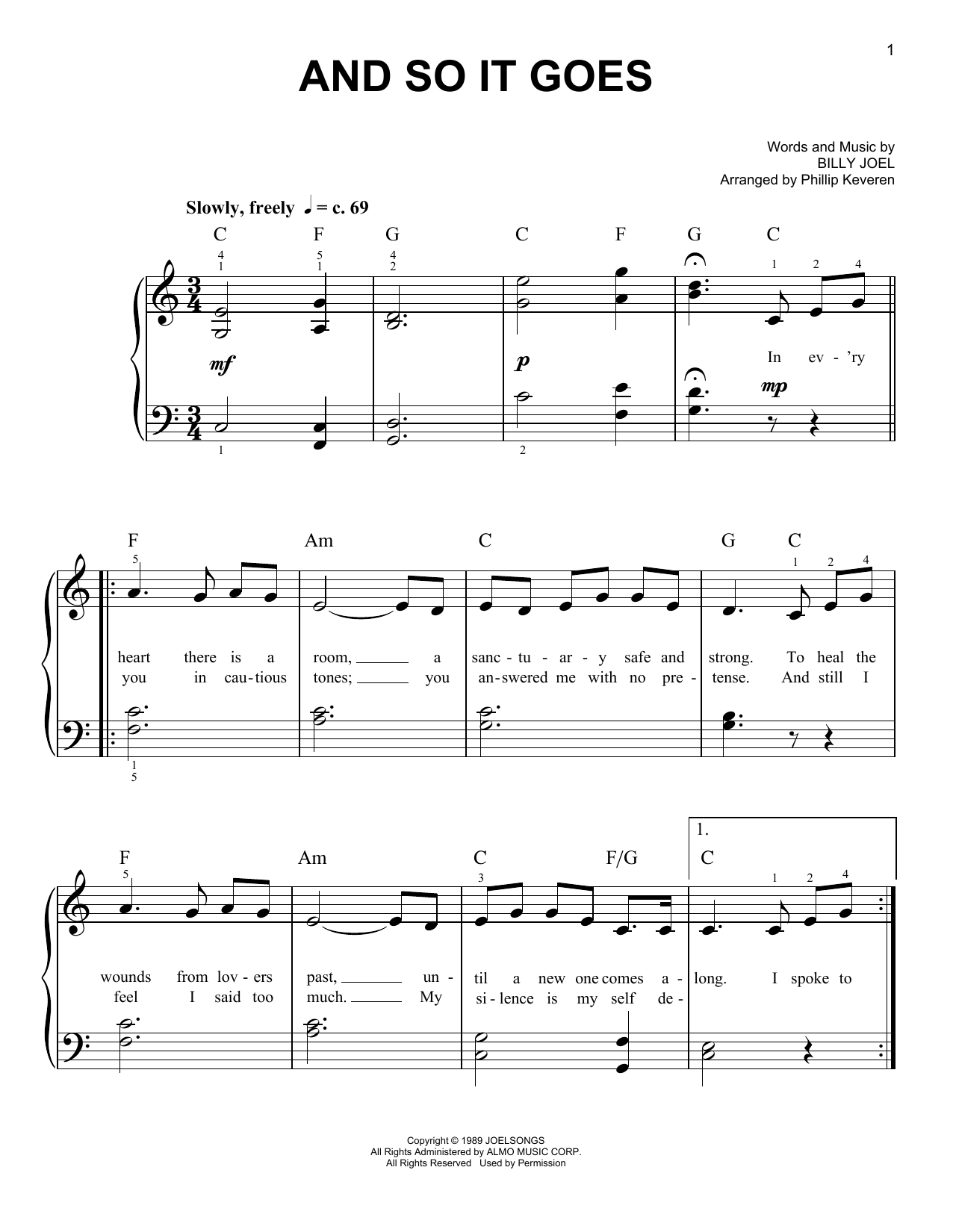 Learn to play Billy Joel And So It Goes (arr. Phillip Keveren) sheet music for Easy Piano in minutes. Price: 6.9900$ Billy Joel And So It Goes (arr. Phillip Keveren) sheet music notes and chords arranged for Easy Piano