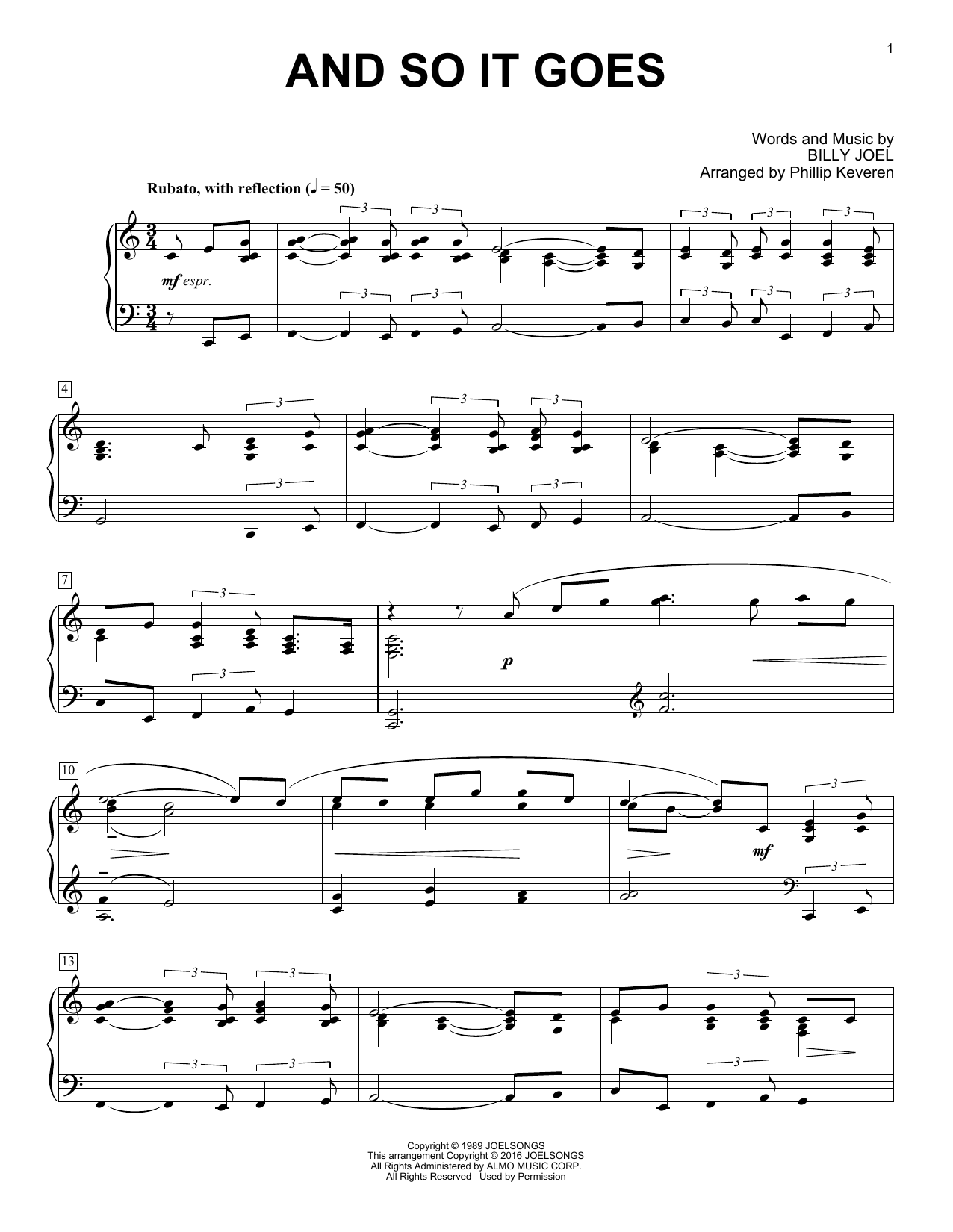 Billy Joel And So It Goes [Classical version] (arr. Phillip Keveren) sheet music notes and chords. Download Printable PDF.