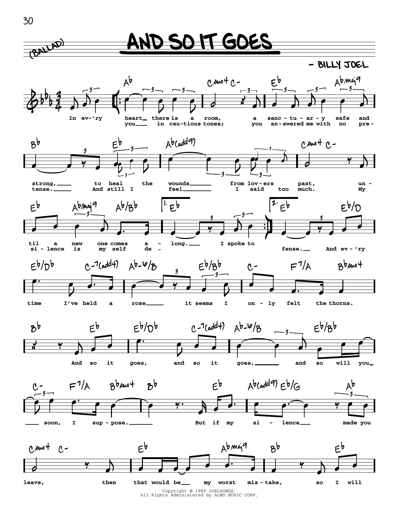 Billy Joel And So It Goes (High Voice) sheet music notes and chords. Download Printable PDF.