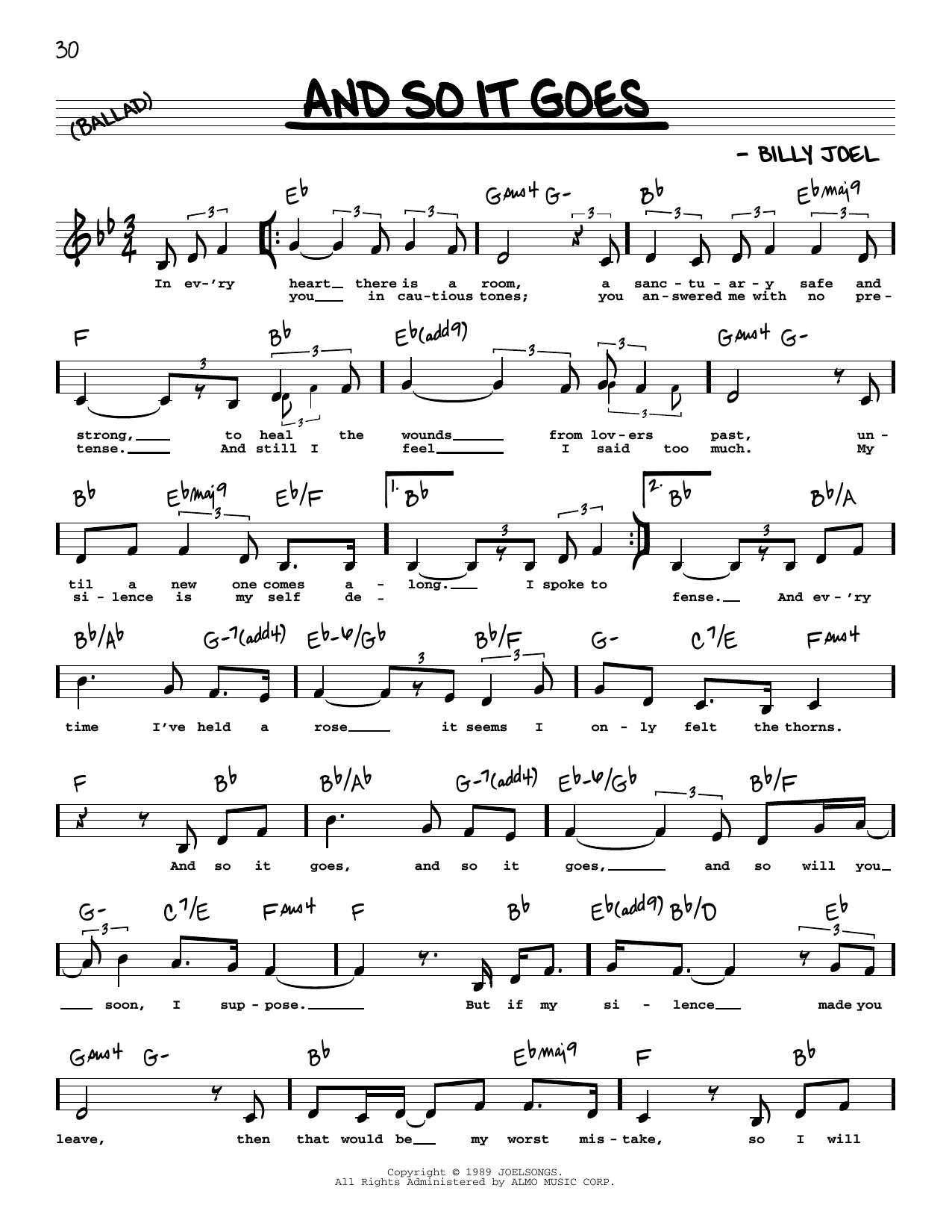 Billy Joel And So It Goes (Low Voice) sheet music notes and chords. Download Printable PDF.