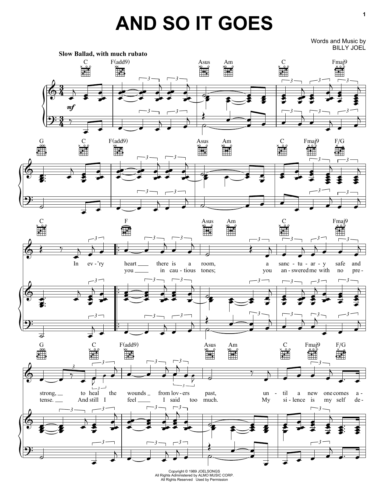 Billy Joel And So It Goes sheet music notes and chords arranged for Real Book – Melody & Chords