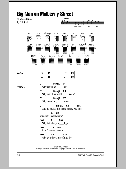 Billy Joel Big Man On Mulberry Street sheet music notes and chords. Download Printable PDF.