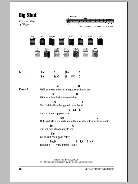 Learn to play Billy Joel Big Shot sheet music for Piano, Vocal & Guitar Chords (Right-Hand Melody) in minutes. Price: 7.8900$ Billy Joel Big Shot sheet music notes and chords arranged for Piano, Vocal & Guitar Chords (Right-Hand Melody)