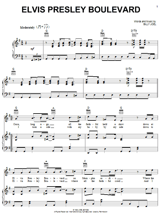 Billy Joel Elvis Presley Boulevard sheet music notes and chords arranged for Piano, Vocal & Guitar Chords (Right-Hand Melody)