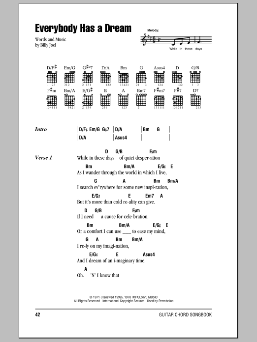 Learn to play Billy Joel Everybody Has A Dream sheet music for Piano, Vocal & Guitar Chords (Right-Hand Melody) in minutes. Price: 7.8900$ Billy Joel Everybody Has A Dream sheet music notes and chords arranged for Piano, Vocal & Guitar Chords (Right-Hand Melody)