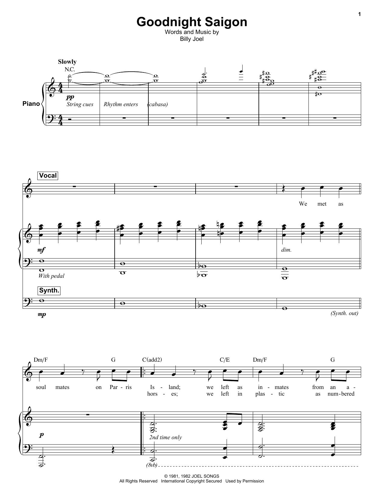 Billy Joel Goodnight Saigon sheet music notes and chords. Download Printable PDF.