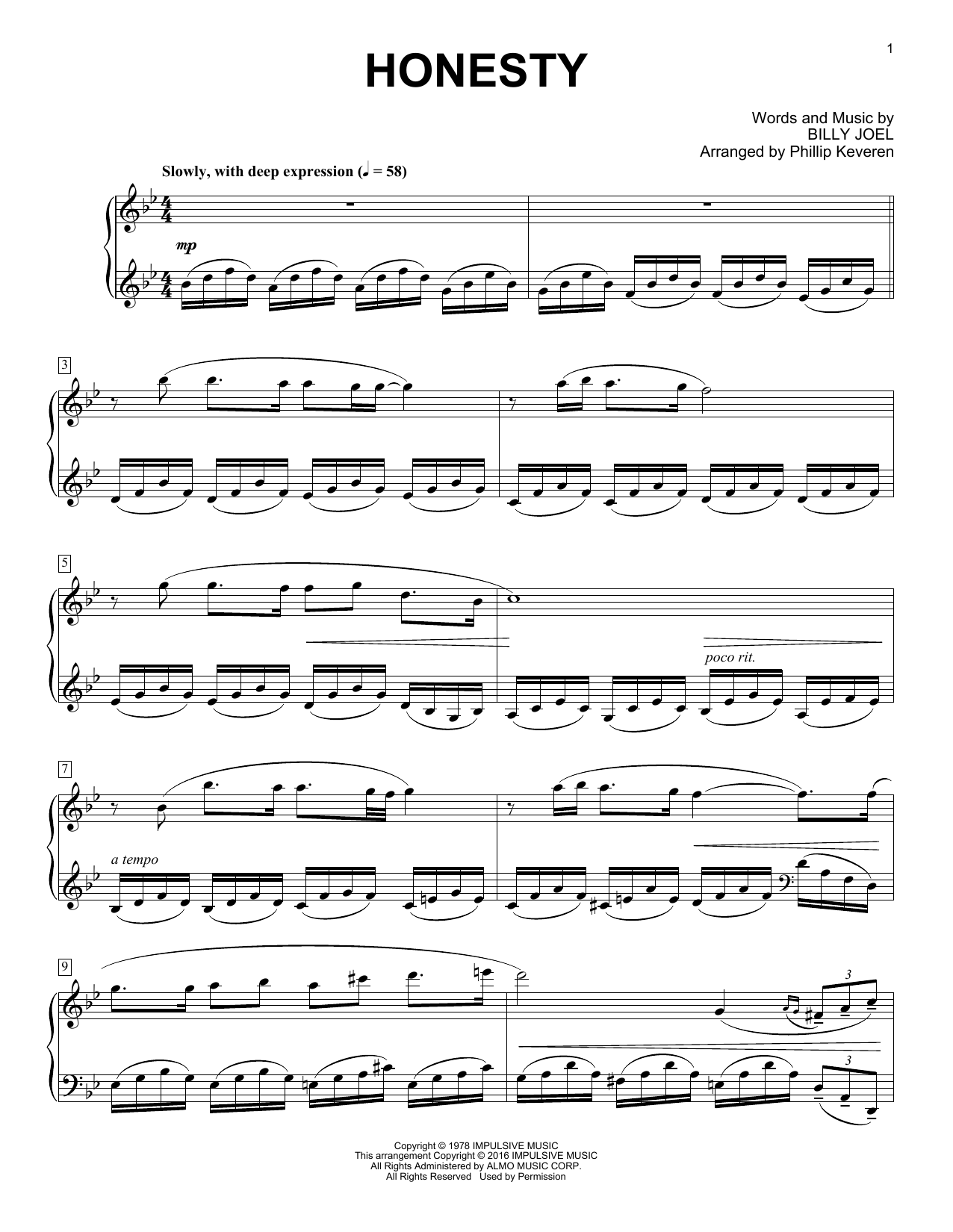 Billy Joel Honesty [Classical version] (arr. Phillip Keveren) sheet music notes and chords. Download Printable PDF.