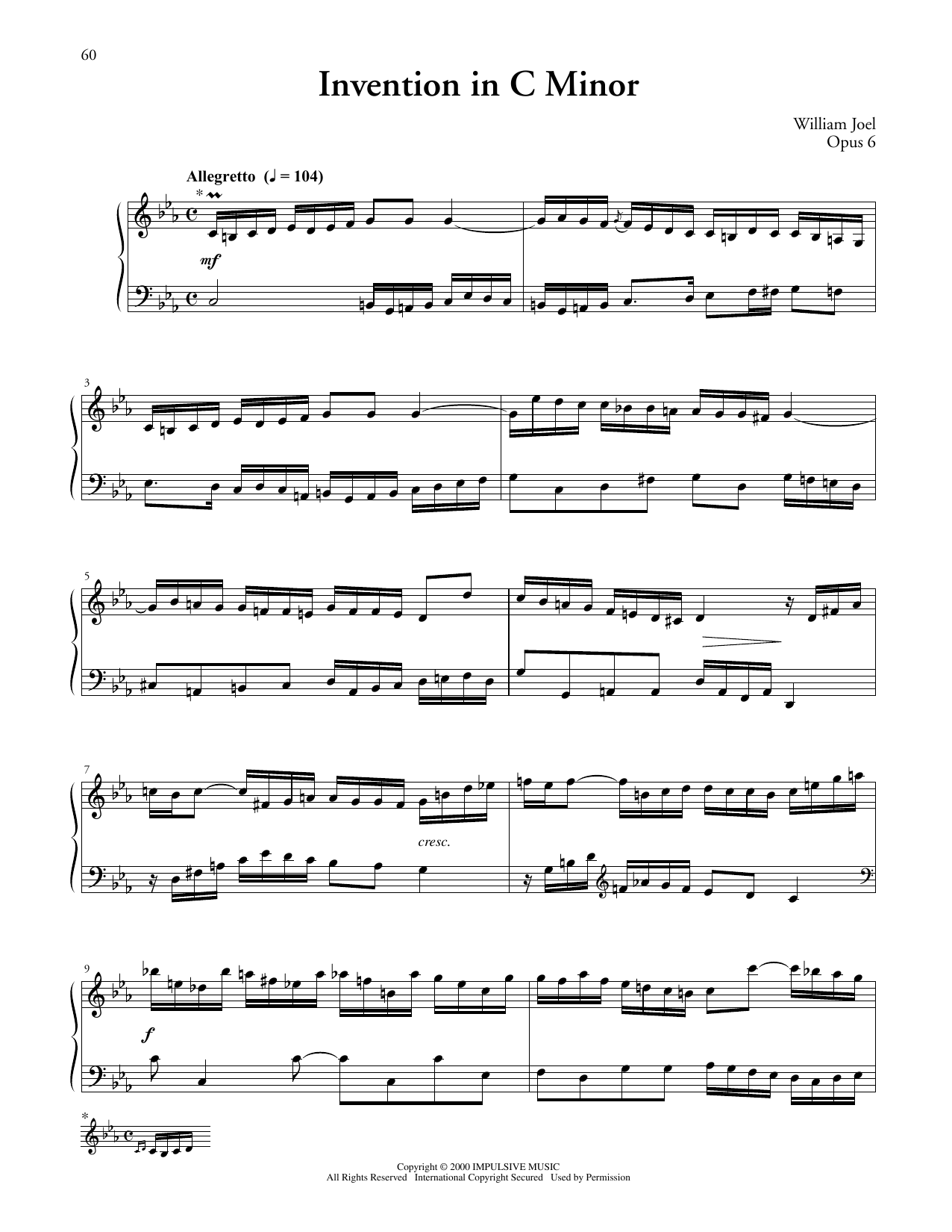 Learn to play Billy Joel Invention #1 In C Minor sheet music for Piano Solo in minutes. Price: 7.8900$ Billy Joel Invention #1 In C Minor sheet music notes and chords arranged for Piano Solo
