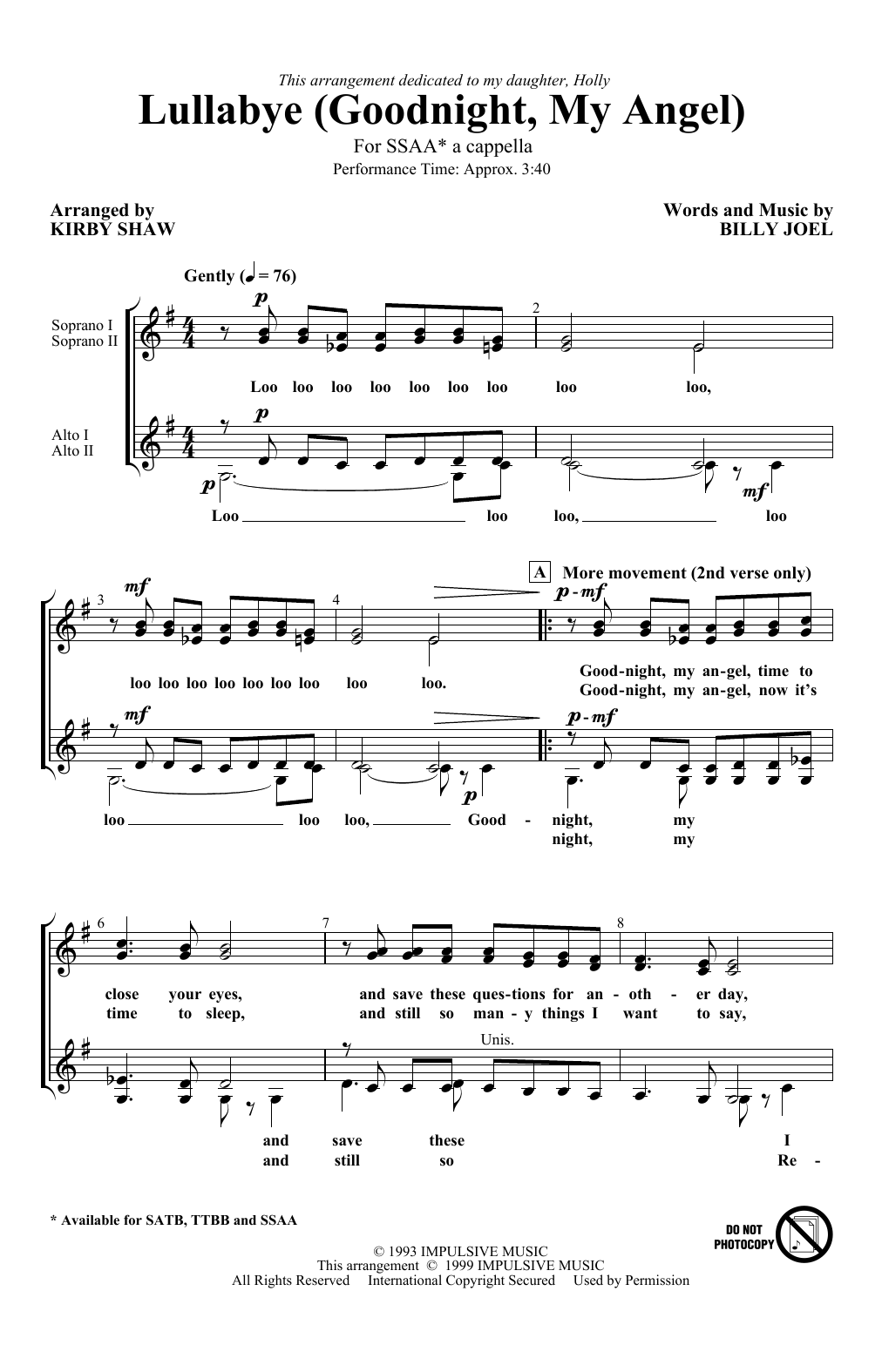 Billy Joel Lullabye (Goodnight, My Angel) (arr. Kirby Shaw) sheet music notes and chords arranged for SSAA Choir