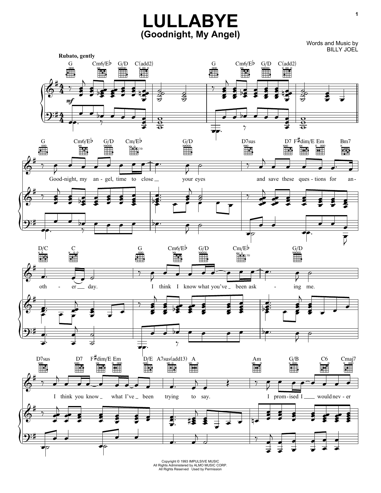 Billy Joel Lullabye (Goodnight, My Angel) sheet music notes and chords. Download Printable PDF.