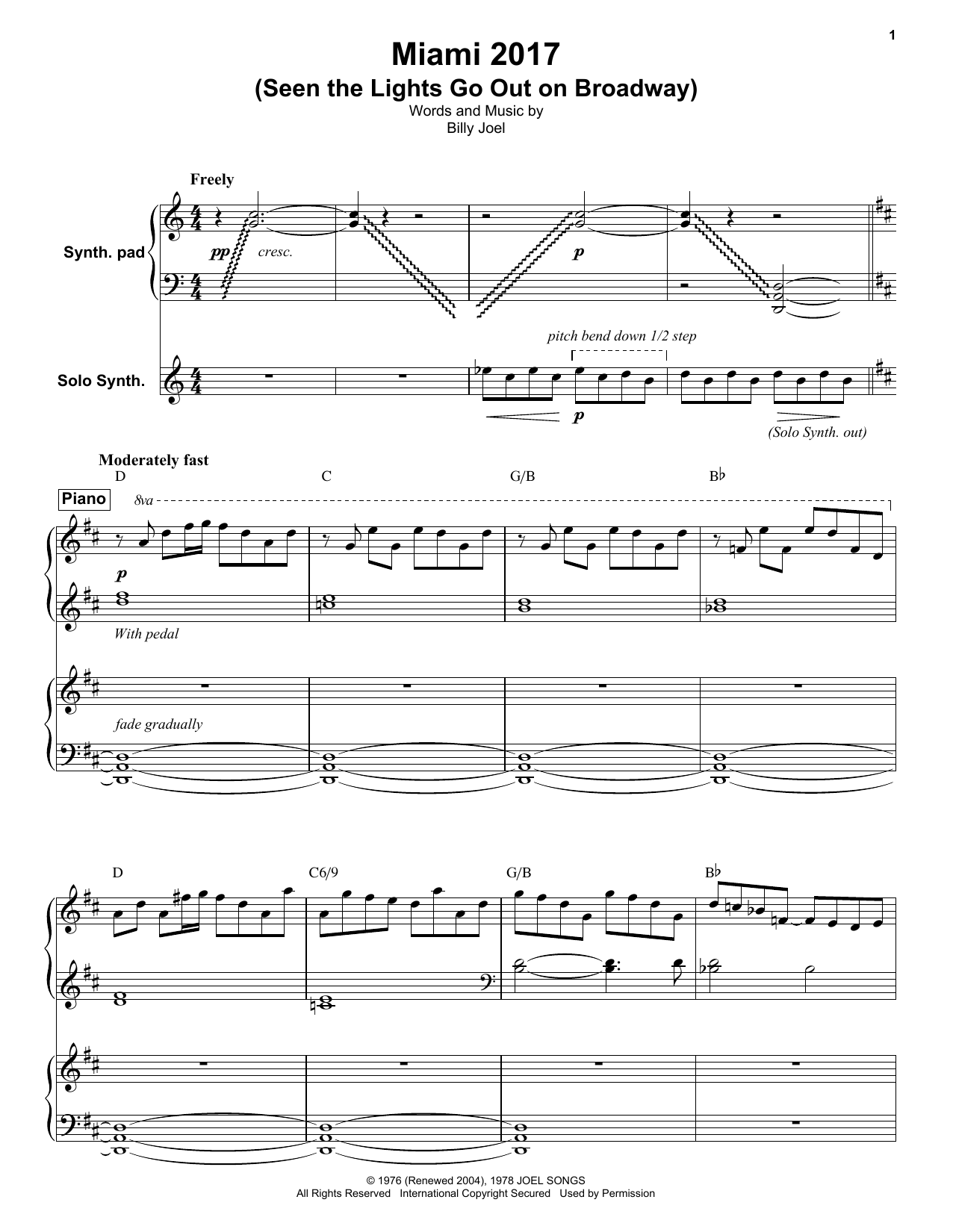 Billy Joel Miami 2017 (Seen The Lights Go Out On Broadway) sheet music notes and chords. Download Printable PDF.