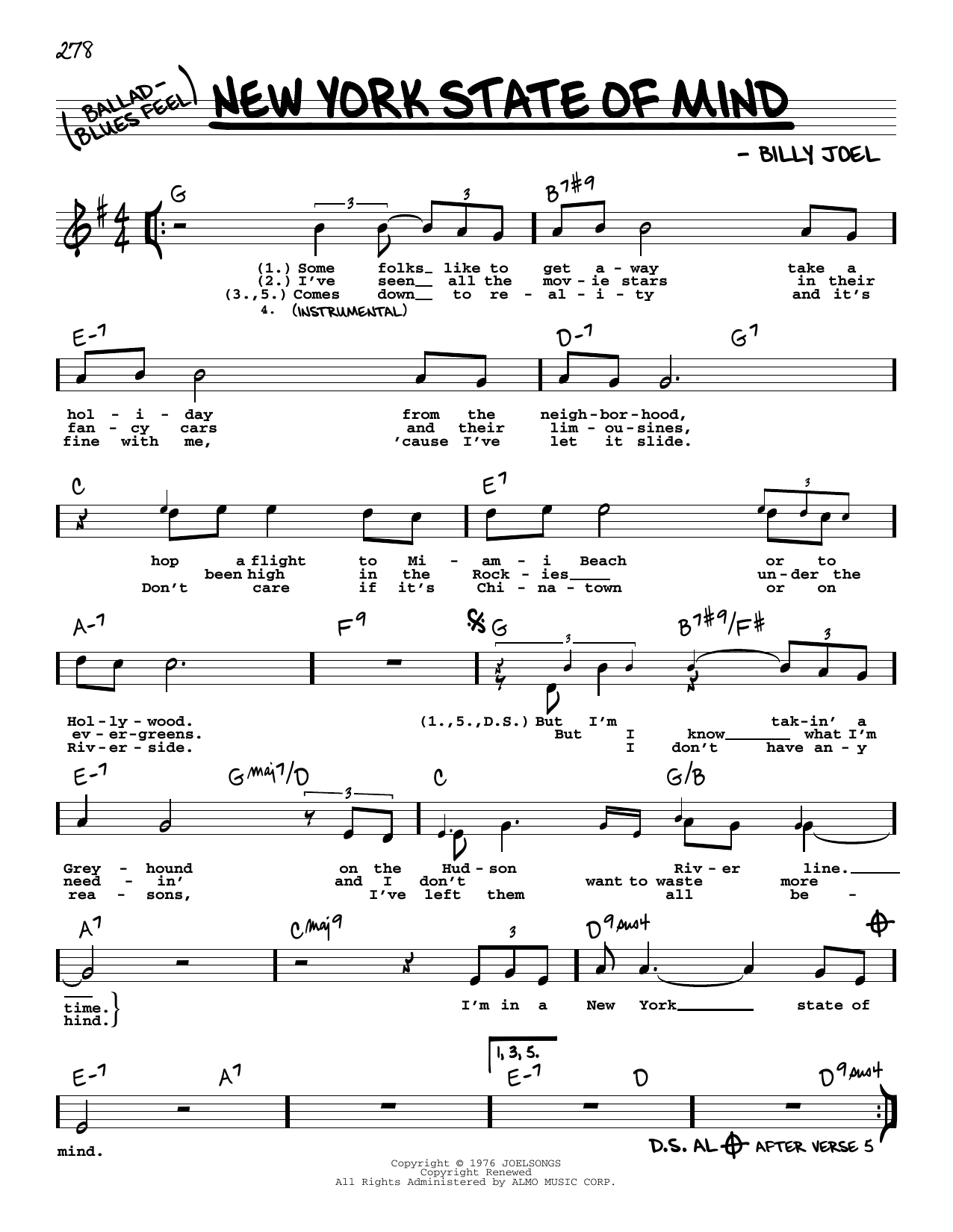 Billy Joel New York State Of Mind (High Voice) sheet music notes and chords arranged for Real Book – Melody, Lyrics & Chords