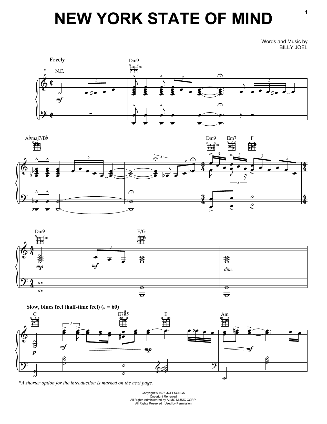 Billy Joel New York State Of Mind sheet music notes and chords. Download Printable PDF.