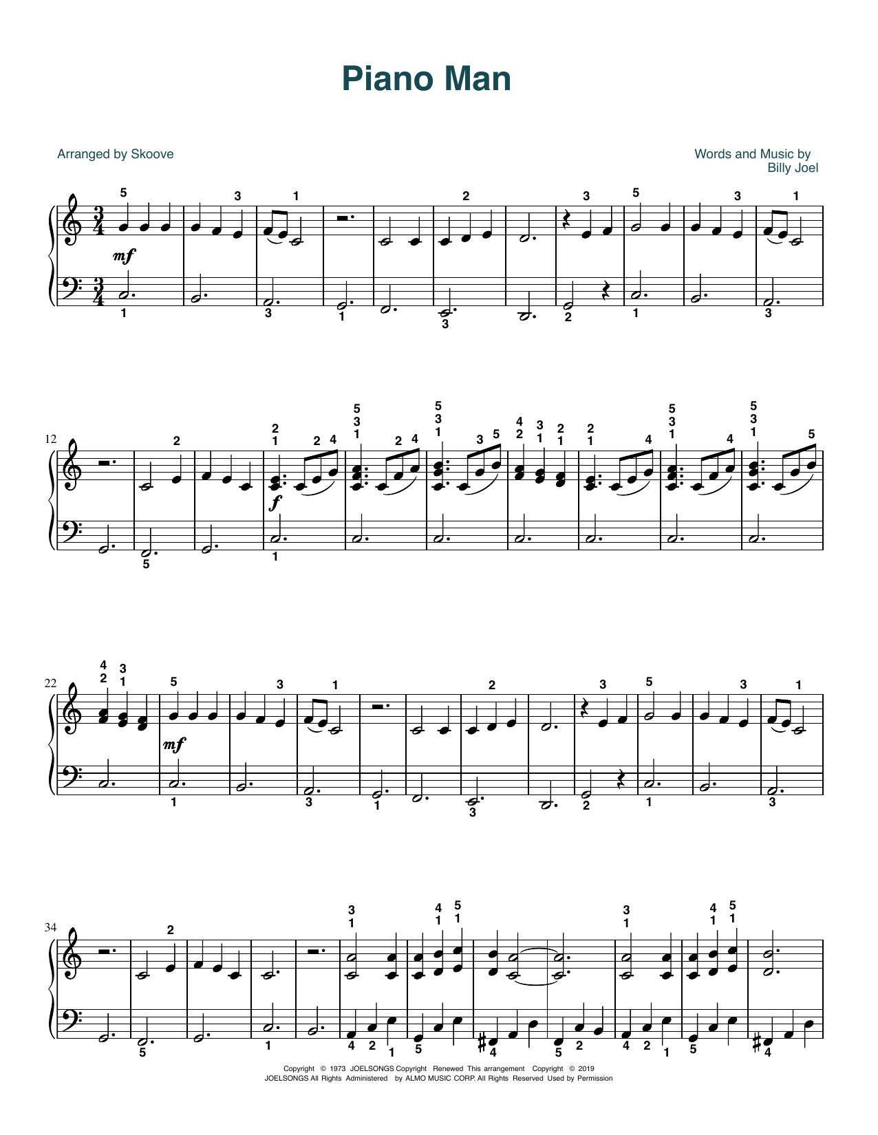 Learn to play Billy Joel Piano Man (arr. Skoove) sheet music for Easy Piano in minutes. Price: 6.9900$ Billy Joel Piano Man (arr. Skoove) sheet music notes and chords arranged for Easy Piano