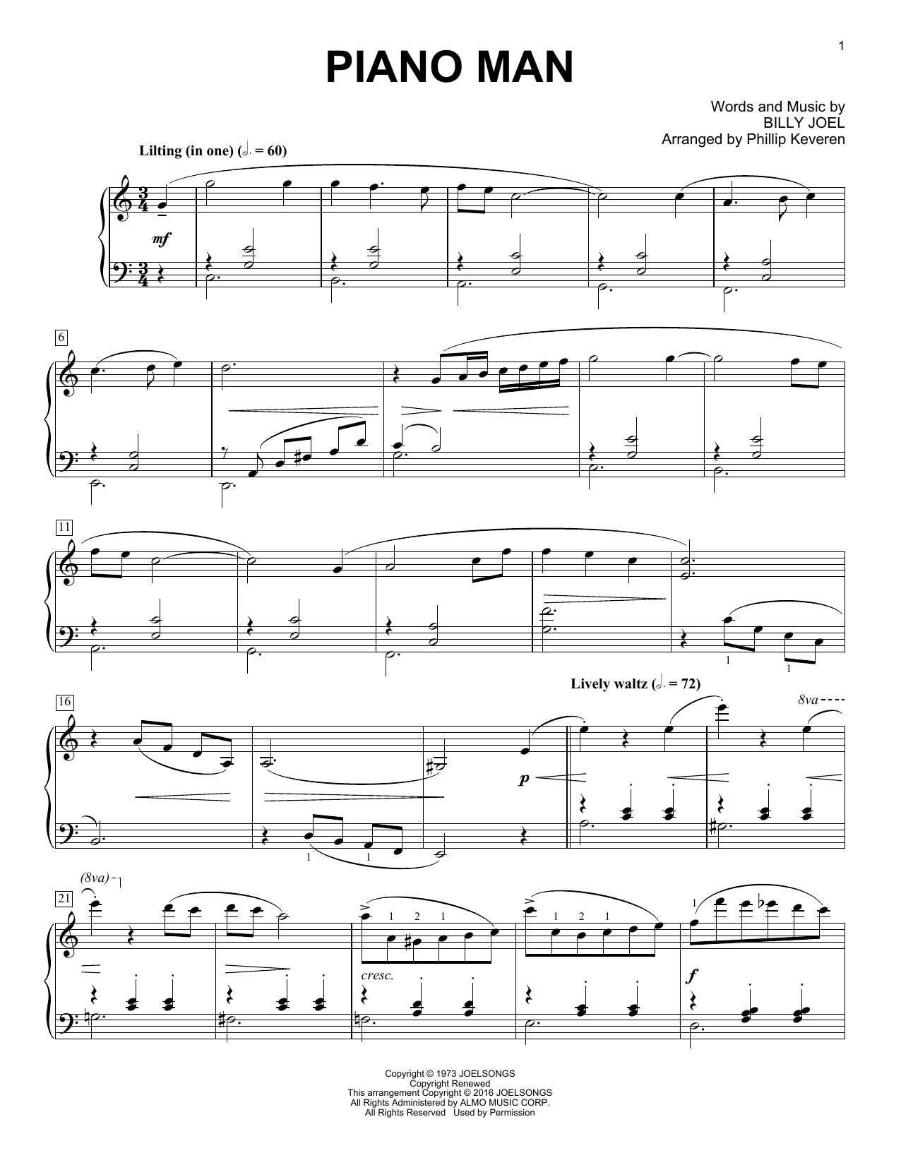 Billy Joel Piano Man [Classical version] (arr. Phillip Keveren) sheet music notes and chords. Download Printable PDF.